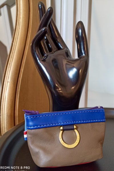 Porte-Monnaie Anneaux Cuir Taupe/Bleu