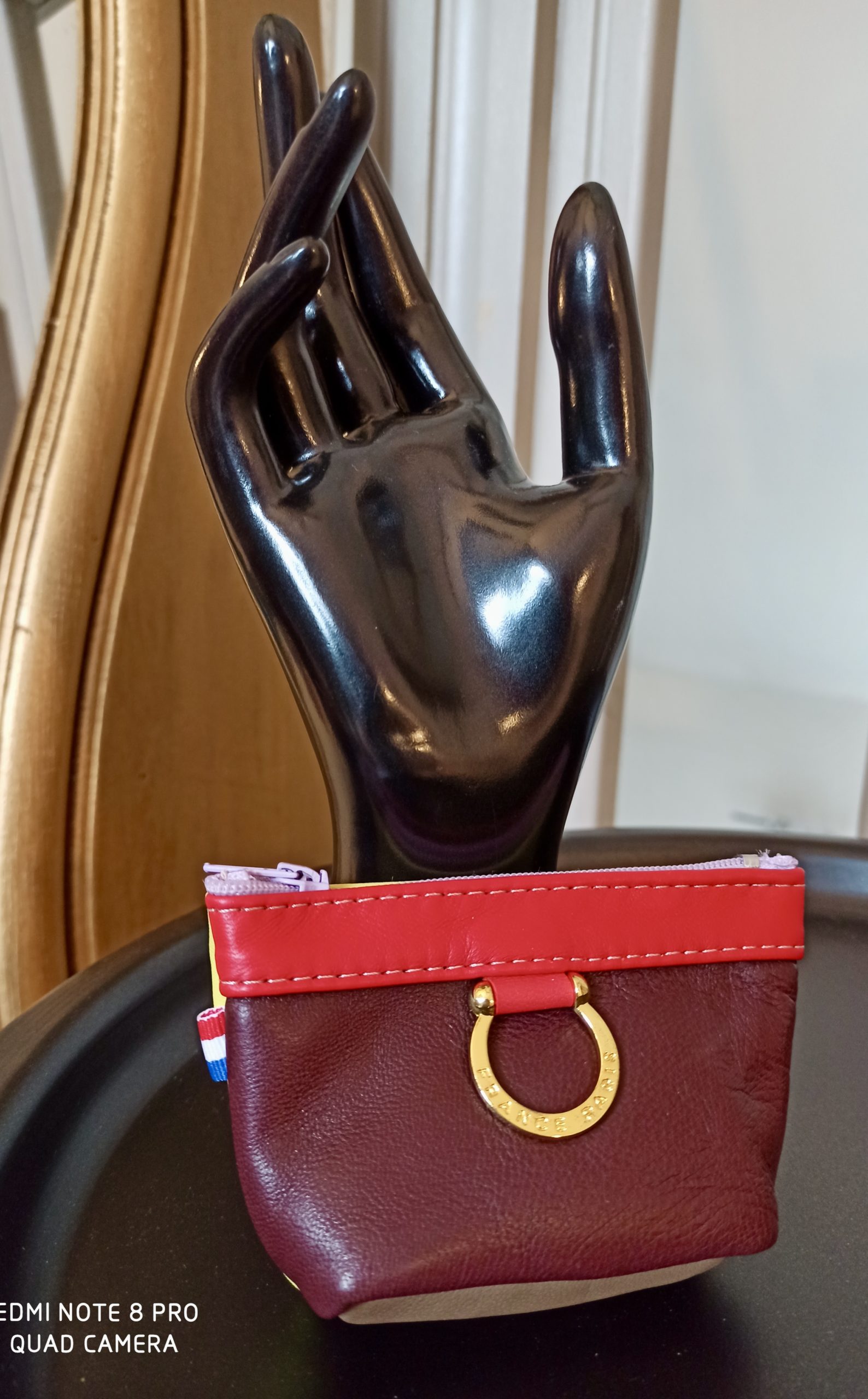 Porte-Monnaie Anneaux Cuir Bordeau/Jaune