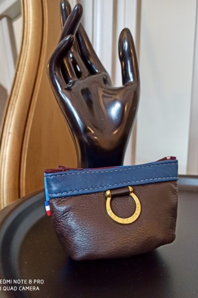 Porte-Monnaie Anneaux Cuir Marron/Bleu