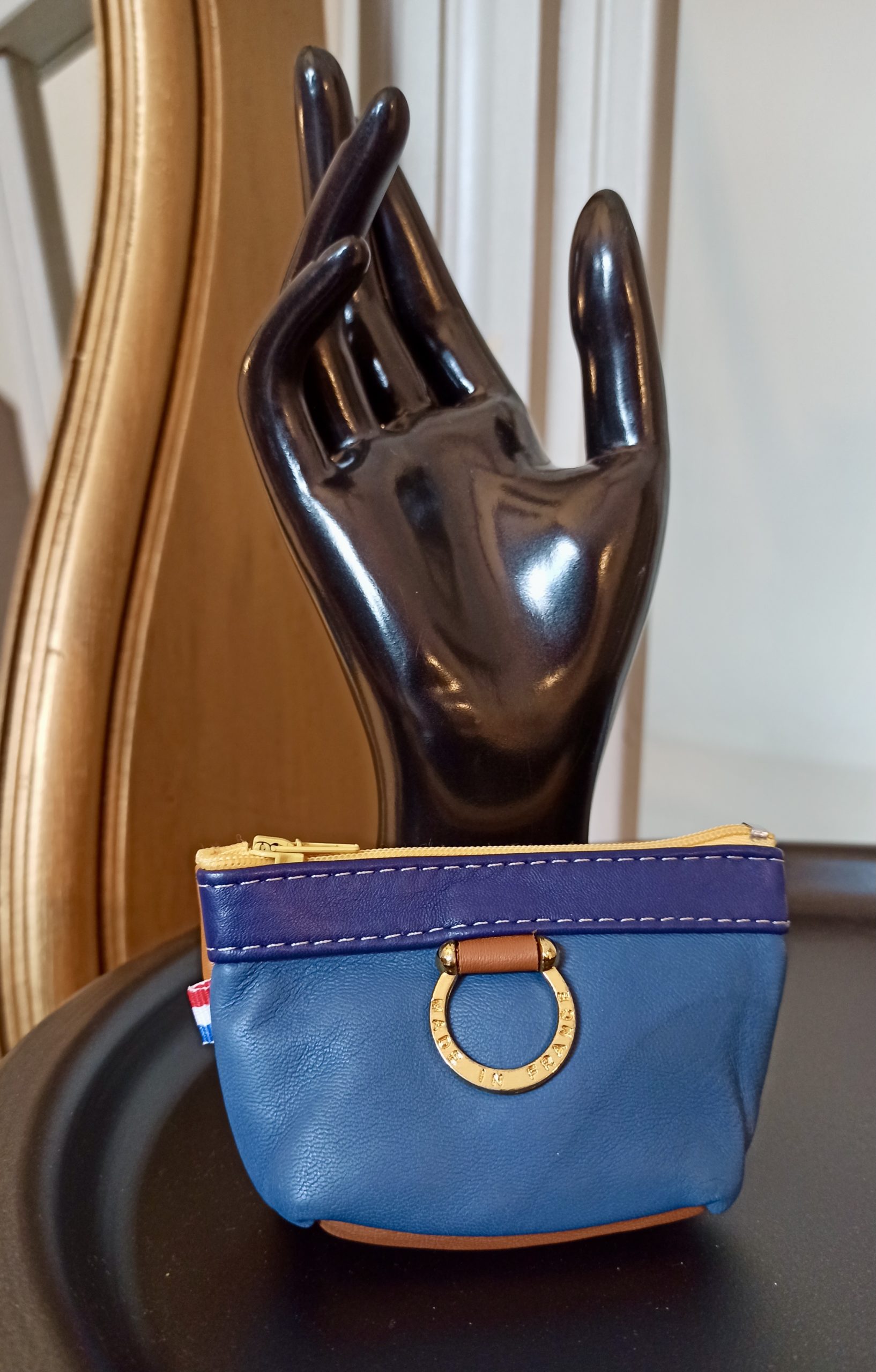 Porte-Monnaie Anneaux Cuir Bleu/Camel