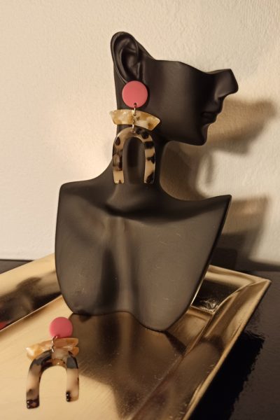 Boucles D'Oreilles Clous Rose Jaune & Moucheté Marron